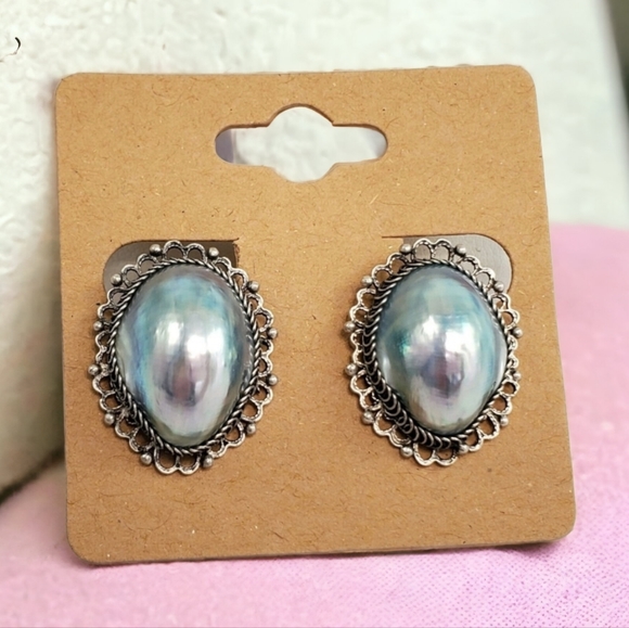 Antique Jewelry - Antique sterling blue osmena nautilus shell earrings